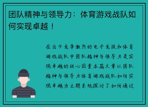 团队精神与领导力：体育游戏战队如何实现卓越 !